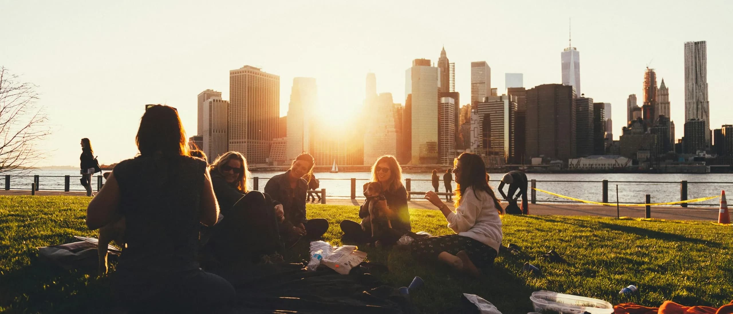 Eine Gruppe junger Menschen picknickt mit einem Hund auf einer Wiese am Wasser, im Hintergrund geht die Sonne hinter einer Hochhaus-Skyline unter.
